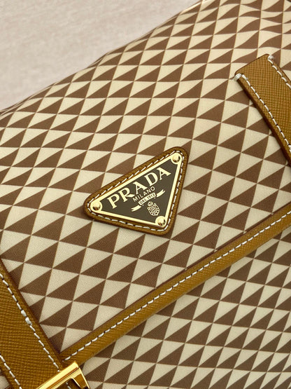 PRADA MESSENGER BAG 25 IN BROWN MIX CREAM TRIANGLE PATTERN EMBROIDERED FABRIC