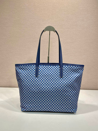PRADA TOTE BAG 33 IN BLUE MIX WHITE TRIANGLE PATTERN EMBROIDERED FABRIC