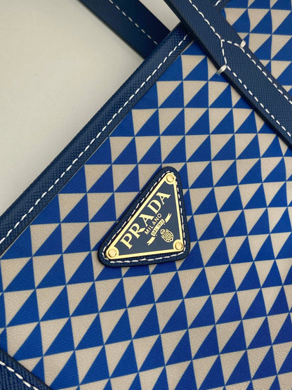 PRADA TOTE BAG 33 IN BLUE MIX WHITE TRIANGLE PATTERN EMBROIDERED FABRIC