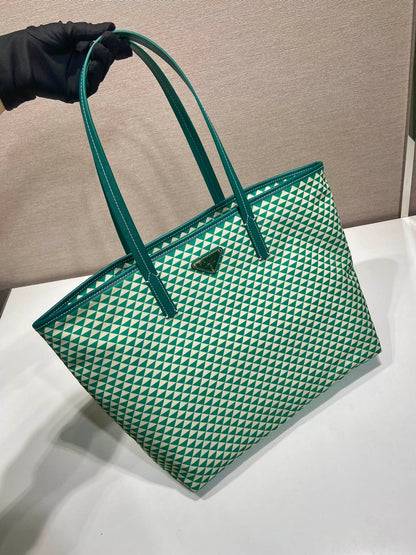 PRADA TOTE BAG 33 IN FOREST GREEN MIX CREAM TRIANGLE PATTERN EMBROIDERED FABRIC