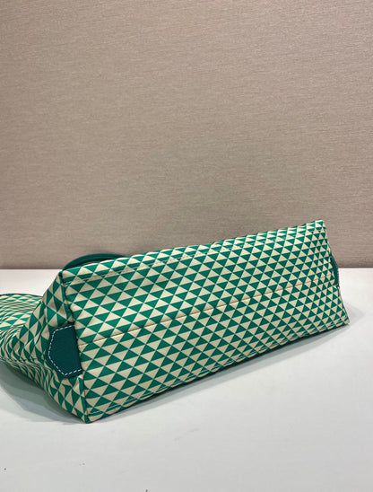 PRADA TOTE BAG 33 IN FOREST GREEN MIX CREAM TRIANGLE PATTERN EMBROIDERED FABRIC