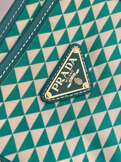 PRADA TOTE BAG 33 IN FOREST GREEN MIX CREAM TRIANGLE PATTERN EMBROIDERED FABRIC