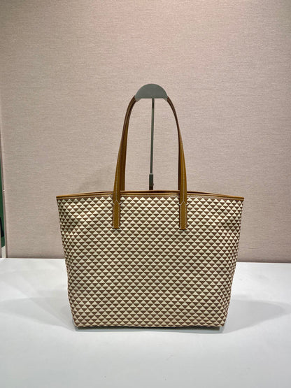 PRADA TOTE BAG 33 IN BROWN MIX CREAM TRIANGLE PATTERN EMBROIDERED FABRIC