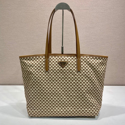 PRADA TOTE BAG 33 IN BROWN MIX CREAM TRIANGLE PATTERN EMBROIDERED FABRIC