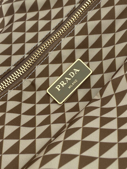 PRADA TOTE BAG 33 IN BROWN MIX CREAM TRIANGLE PATTERN EMBROIDERED FABRIC