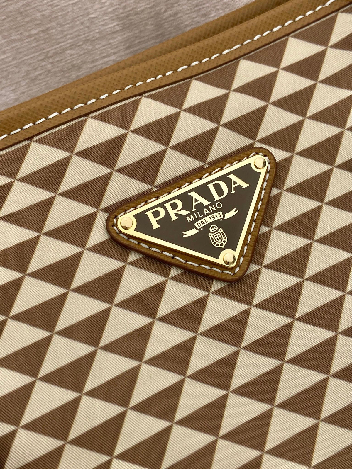 PRADA TOTE BAG 33 IN BROWN MIX CREAM TRIANGLE PATTERN EMBROIDERED FABRIC