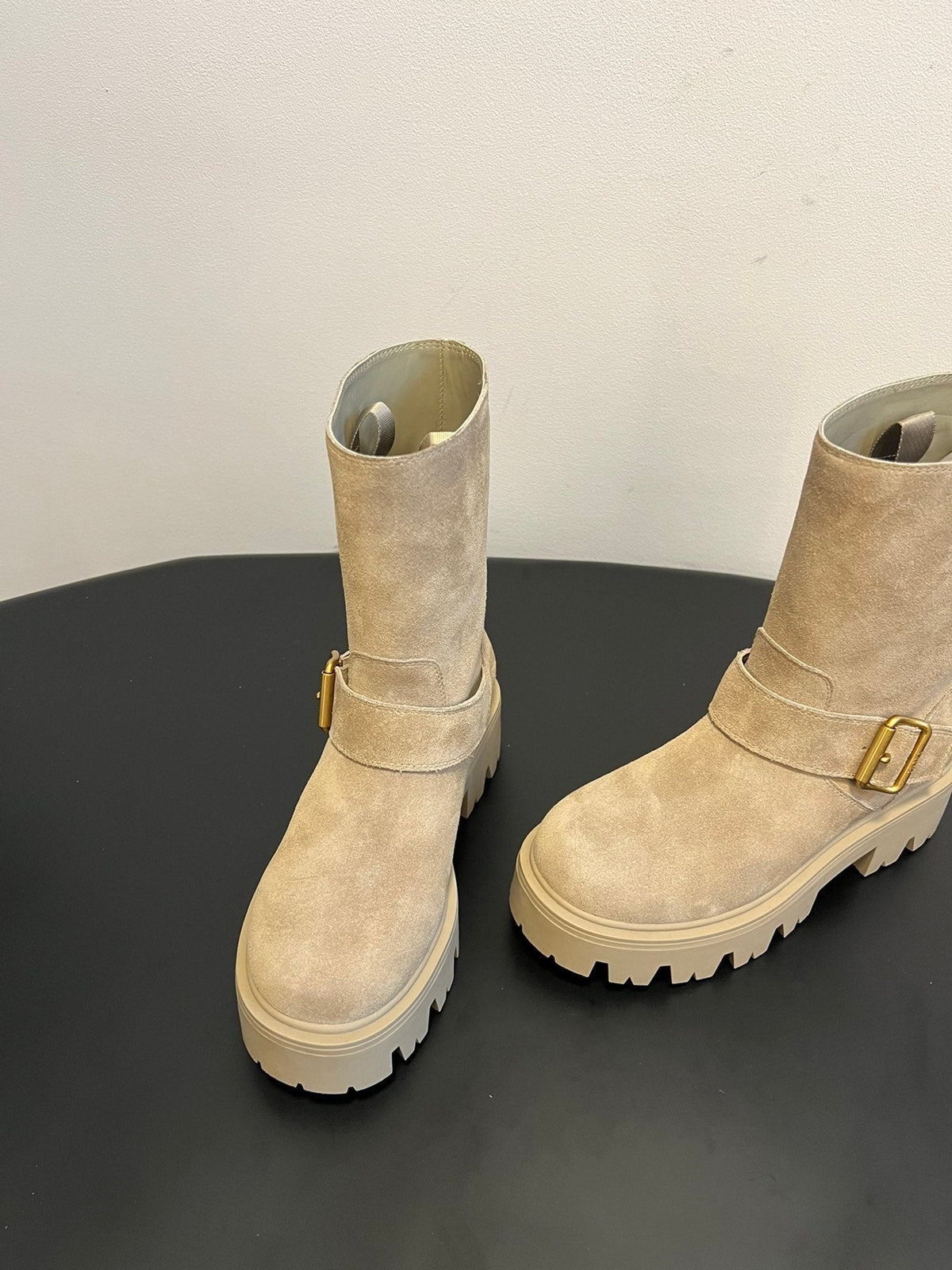 PRADA 25S PLATFORM ANKLE BOOTS IN BEIGE SUEDE WITH GOLD HARDWARE