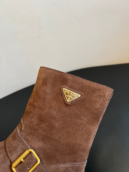PRADA 25S PLATFORM ANKLE BOOTS IN BROWN SUEDE WITH GOLD HARDWARE
