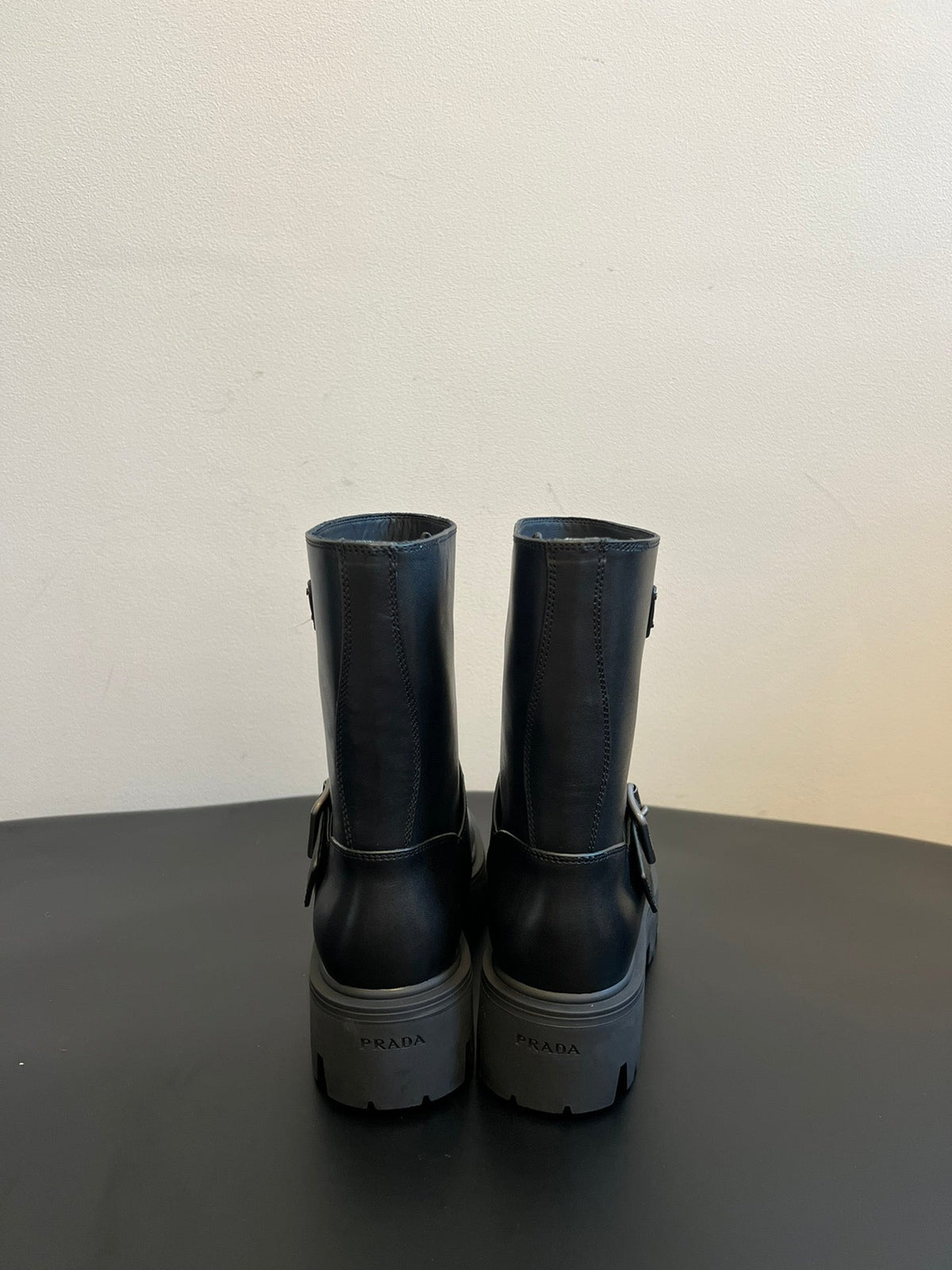 PRADA 25S PLATFORM ANKLE BOOTS IN BLACK CALFSKIN WITH SILVER HARDWARE
