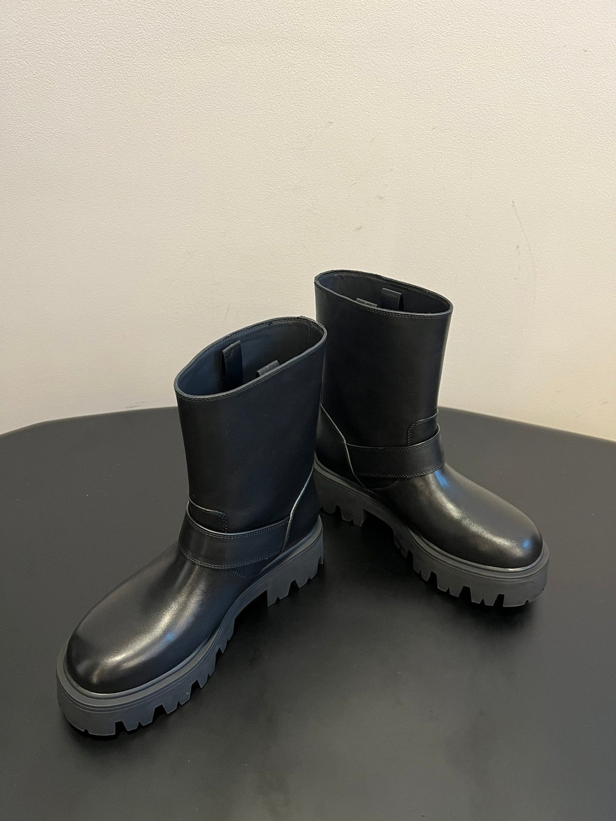 PRADA 25S PLATFORM ANKLE BOOTS IN BLACK CALFSKIN WITH SILVER HARDWARE
