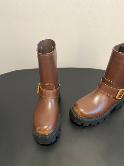 PRADA 25S PLATFORM ANKLE BOOTS IN BROWN CALFSKIN WITH GOLD HARDWARE