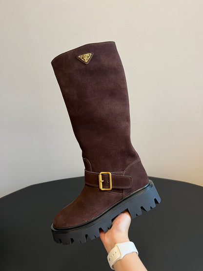 PRADA 25S HIGH-CUT PLATFORM BOOTS IN BROWN SUEDE WITH GOLD HARDWARE