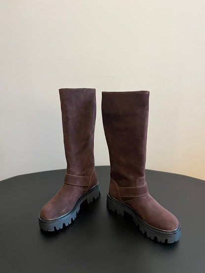 PRADA 25S HIGH-CUT PLATFORM BOOTS IN BROWN SUEDE WITH GOLD HARDWARE