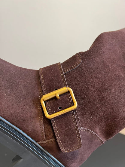 PRADA 25S HIGH-CUT PLATFORM BOOTS IN BROWN SUEDE WITH GOLD HARDWARE