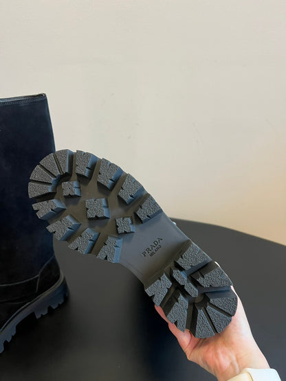 PRADA 25S HIGH-CUT PLATFORM BOOTS IN BLACK SUEDE WITH SILVER HARDWARE