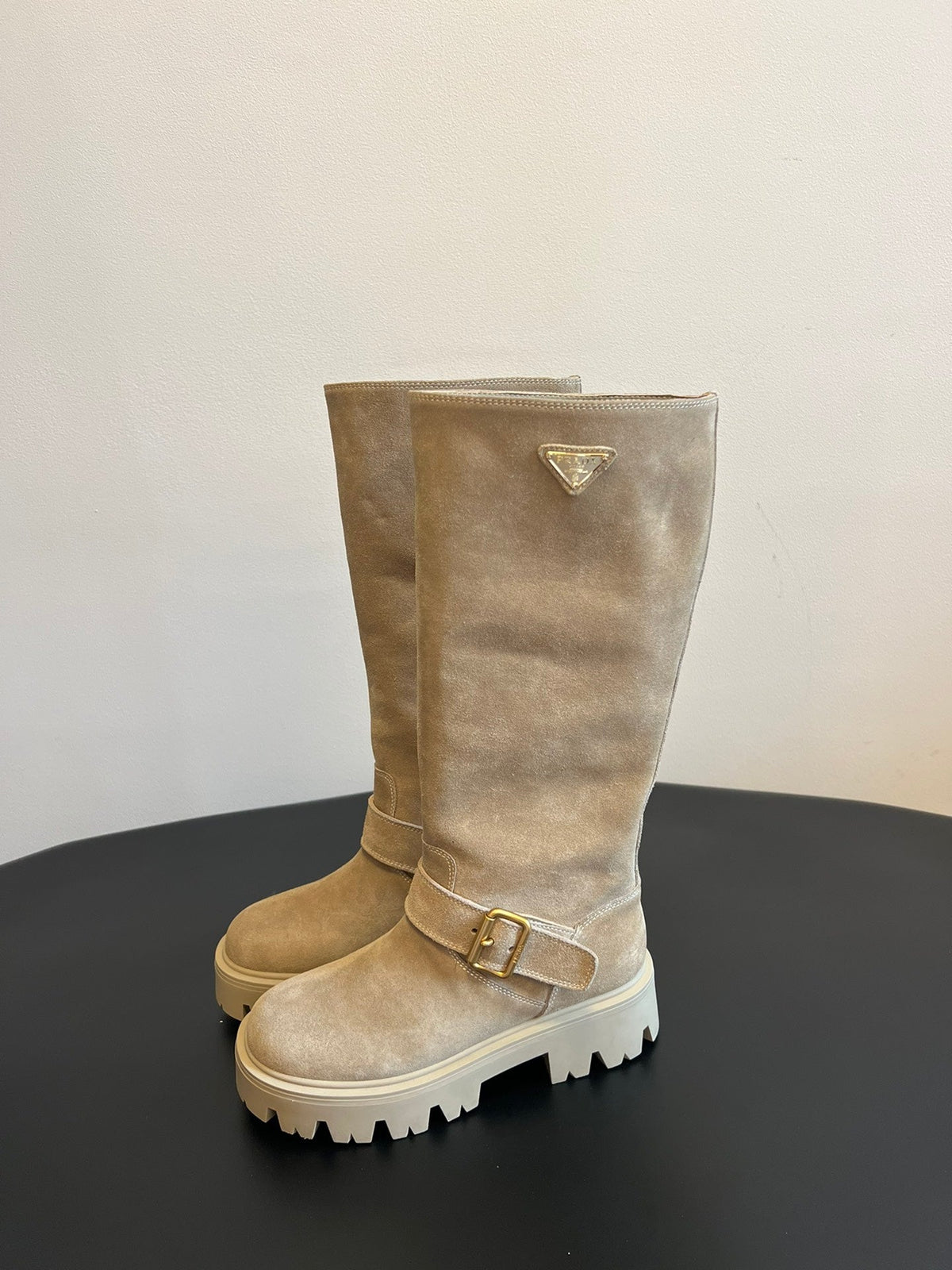 PRADA 25S HIGH-CUT PLATFORM BOOTS IN RK BEIGE SUEDE WITH GOLD HARDWARE