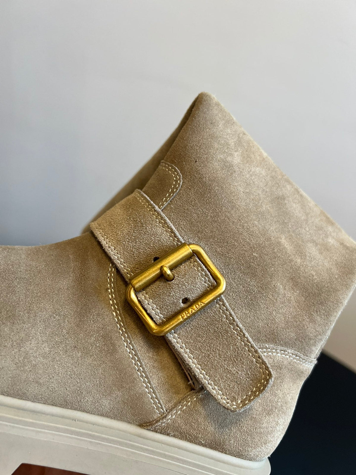 PRADA 25S HIGH-CUT PLATFORM BOOTS IN RK BEIGE SUEDE WITH GOLD HARDWARE