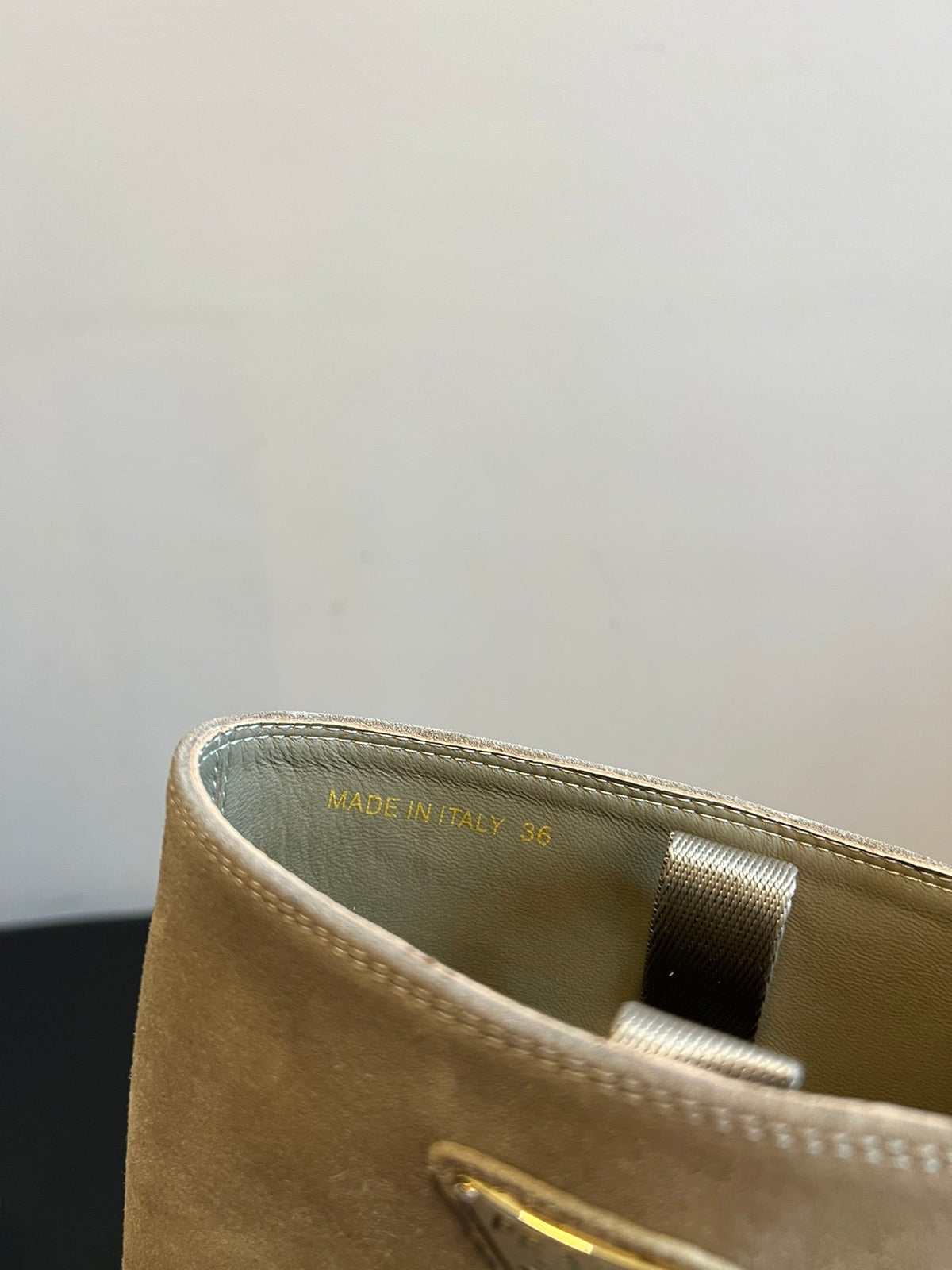 PRADA 25S HIGH-CUT PLATFORM BOOTS IN RK BEIGE SUEDE WITH GOLD HARDWARE