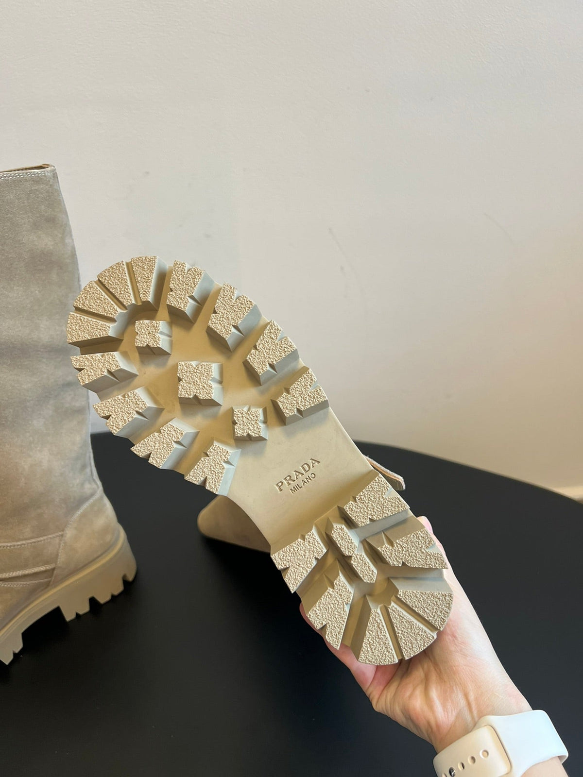 PRADA 25S HIGH-CUT PLATFORM BOOTS IN RK BEIGE SUEDE WITH GOLD HARDWARE