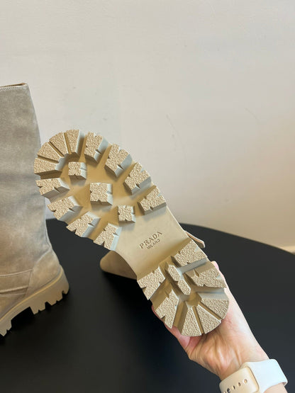 PRADA 25S HIGH-CUT PLATFORM BOOTS IN RK BEIGE SUEDE WITH GOLD HARDWARE