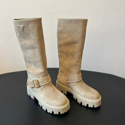 PRADA 25S HIGH-CUT PLATFORM BOOTS IN RK BEIGE SUEDE WITH GOLD HARDWARE