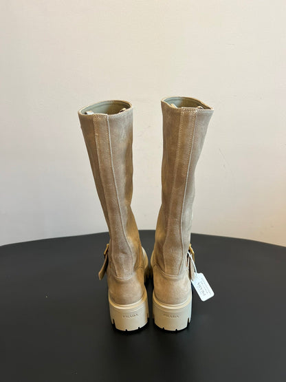 PRADA 25S HIGH-CUT PLATFORM BOOTS IN RK BEIGE SUEDE WITH GOLD HARDWARE