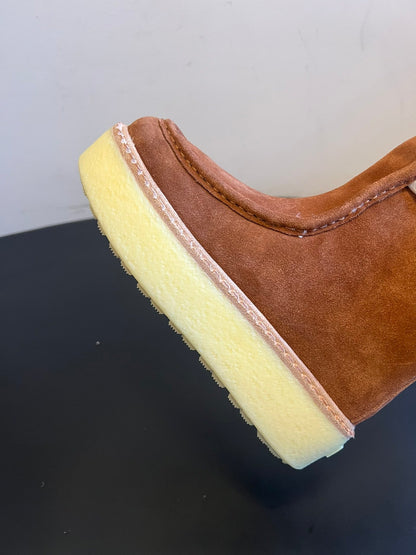 PRADA 25S PLATFORM ANKLE BOOTS 40 MM IN BROWN SUEDE SHEARLING-LINED