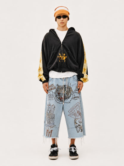 Graphic Raw-Hem Wide-Leg Jeans