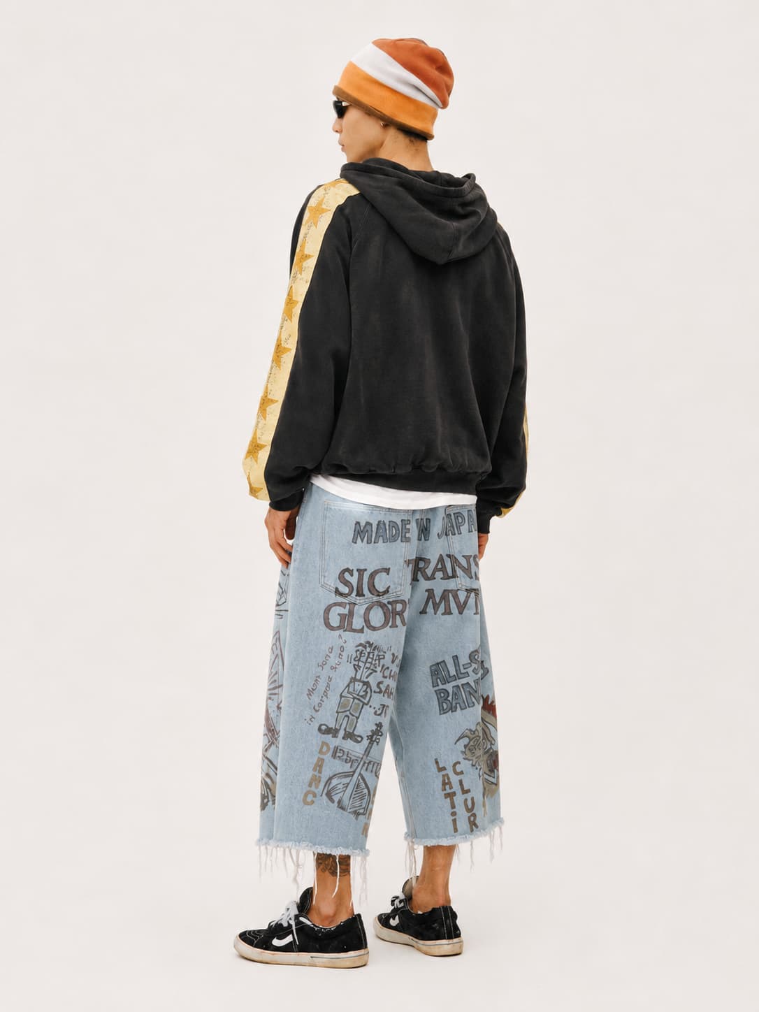 Graphic Raw-Hem Wide-Leg Jeans