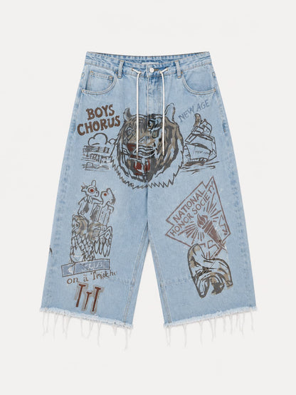 Graphic Raw-Hem Wide-Leg Jeans