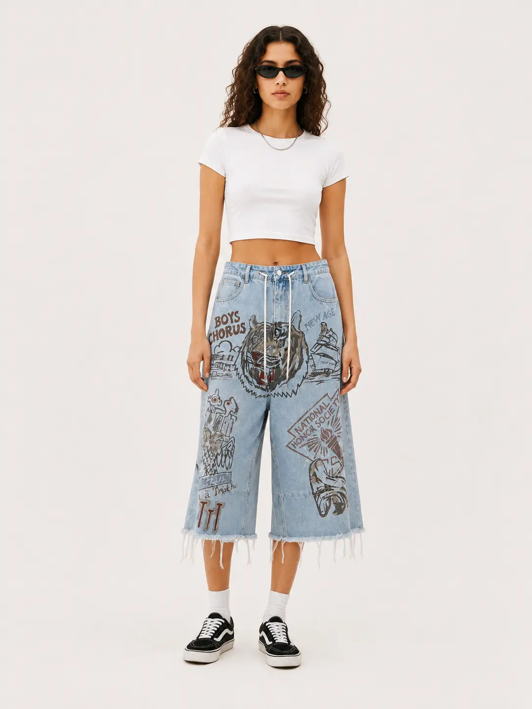 Graphic Raw-Hem Wide-Leg Jeans