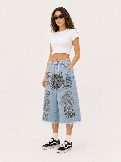 Graphic Raw-Hem Wide-Leg Jeans