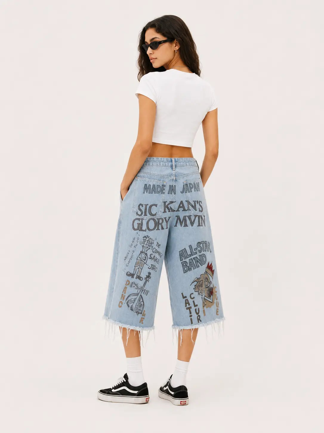 Graphic Raw-Hem Wide-Leg Jeans