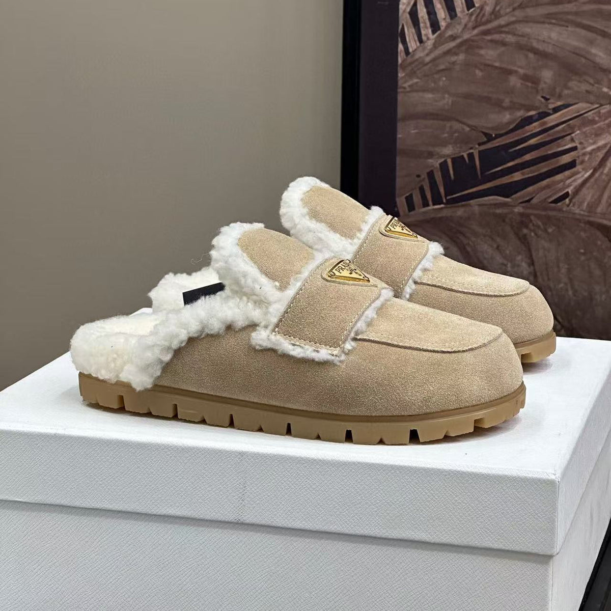 PRADA MULES SUEDE AND SHEARLING BEIGE