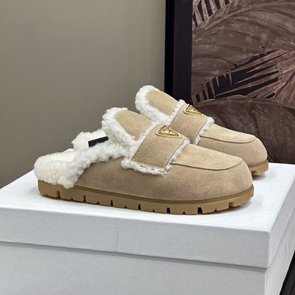 PRADA MULES SUEDE AND SHEARLING BEIGE