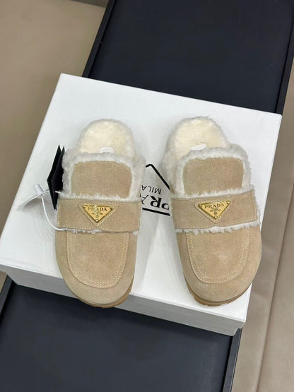 PRADA MULES SUEDE AND SHEARLING BEIGE