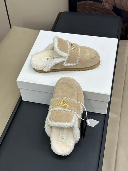 PRADA MULES SUEDE AND SHEARLING BEIGE