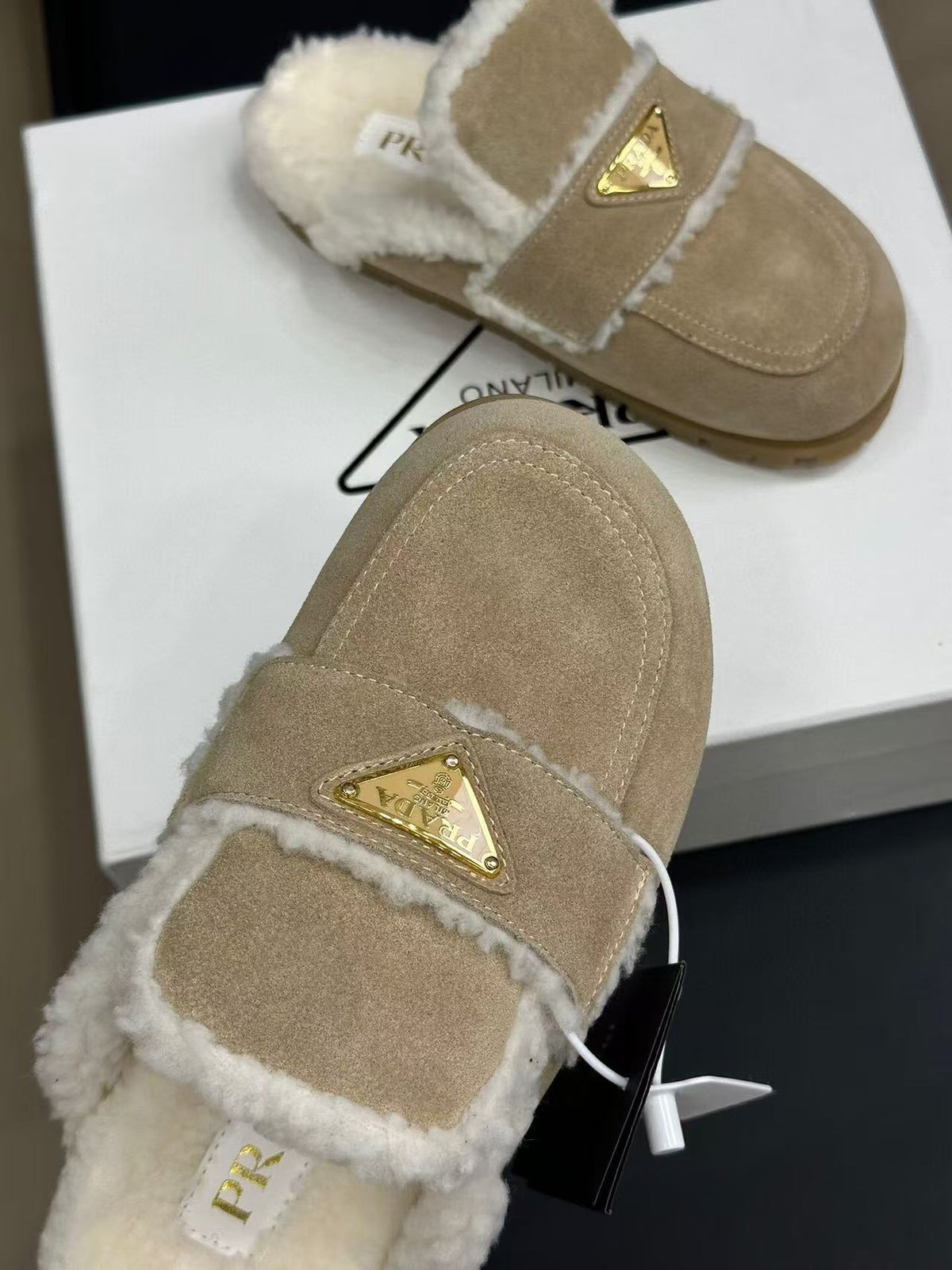 PRADA MULES SUEDE AND SHEARLING BEIGE