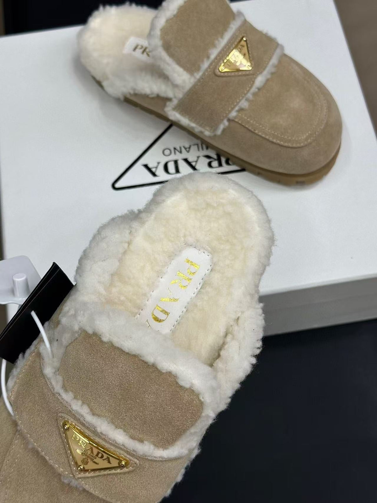 PRADA MULES SUEDE AND SHEARLING BEIGE
