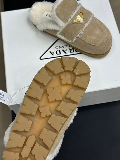 PRADA MULES SUEDE AND SHEARLING BEIGE