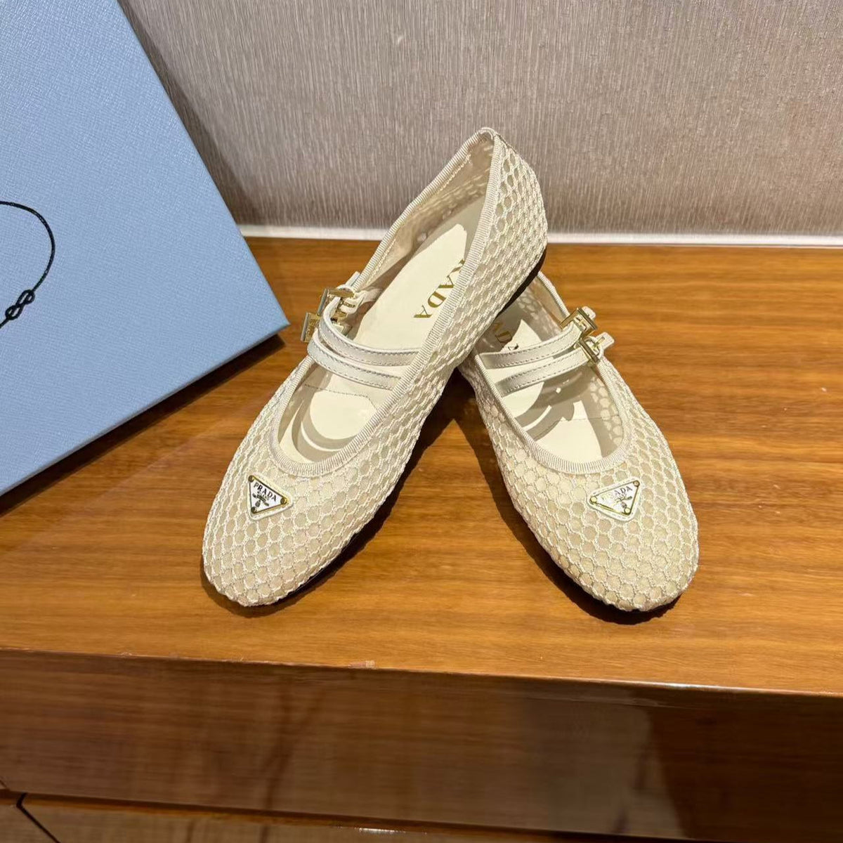 PRADA BALLERINAS BALLET FLATS IN BEIGE MESH FABRIC