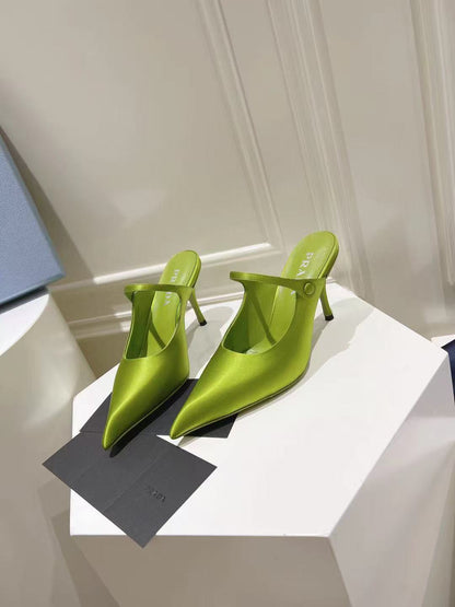 PRADA 75 POINTED SATIN MULES IN GREEN FLEECE HEEL