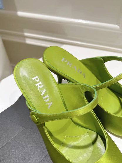 PRADA 75 POINTED SATIN MULES IN GREEN FLEECE HEEL