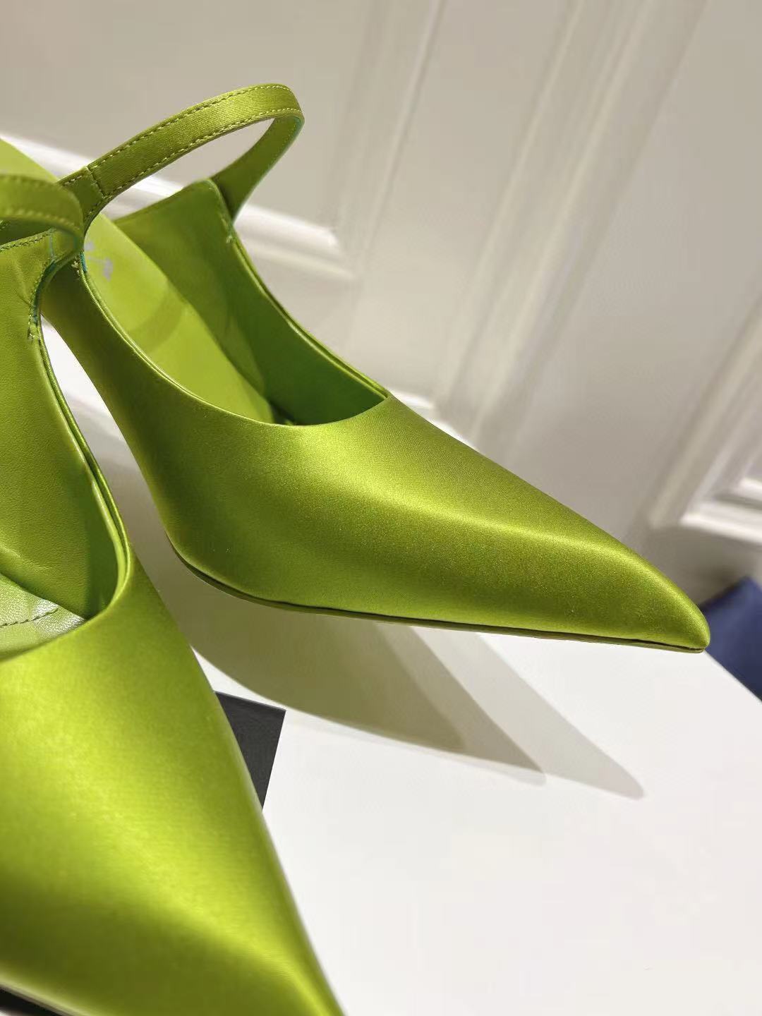 PRADA 75 POINTED SATIN MULES IN GREEN FLEECE HEEL
