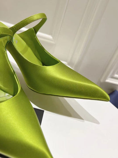 PRADA 75 POINTED SATIN MULES IN GREEN FLEECE HEEL