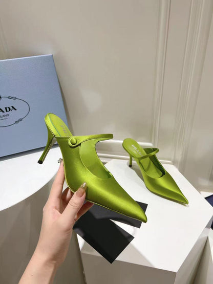PRADA 75 POINTED SATIN MULES IN GREEN FLEECE HEEL