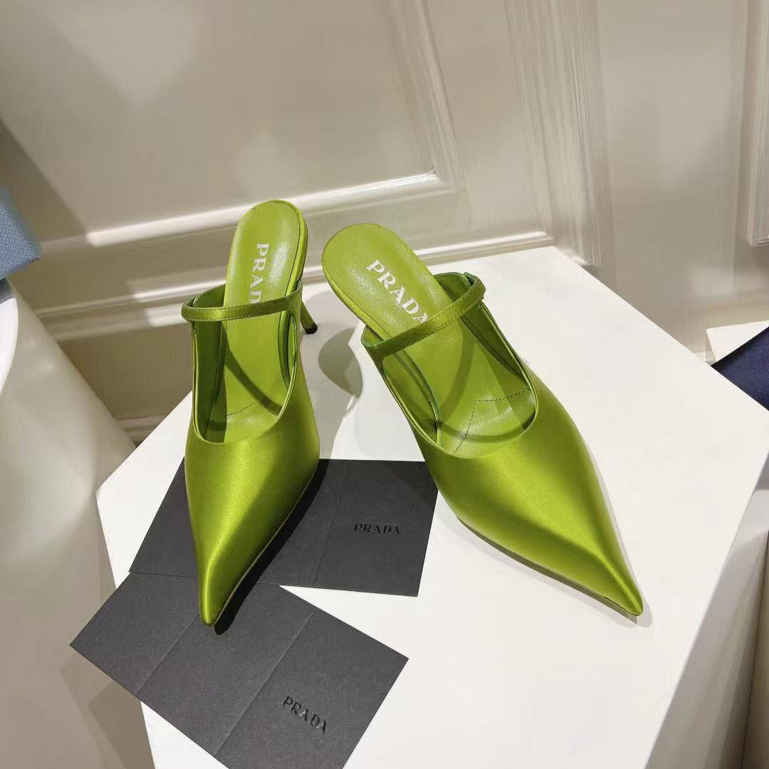 PRADA 75 POINTED SATIN MULES IN GREEN FLEECE HEEL