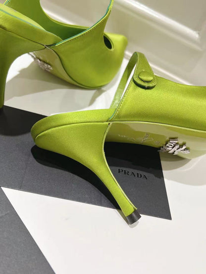 PRADA 75 POINTED SATIN MULES IN GREEN FLEECE HEEL
