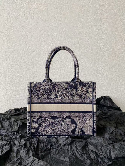 DIOR MISS SMALL TOTE 26 IN NAVY BLUE AND WHITE CANVAS