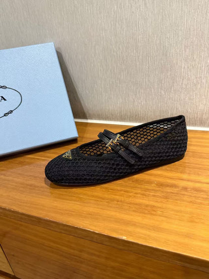 PRADA BALLERINAS BALLET FLATS IN BLACK MESH FABRIC